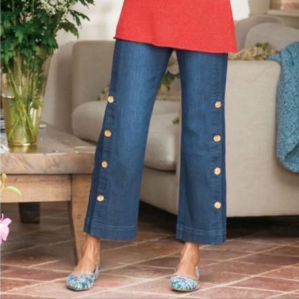 Soft Surroundings Wide Leg Crop Jeans Button Side Sz M - Picture 2 of 13